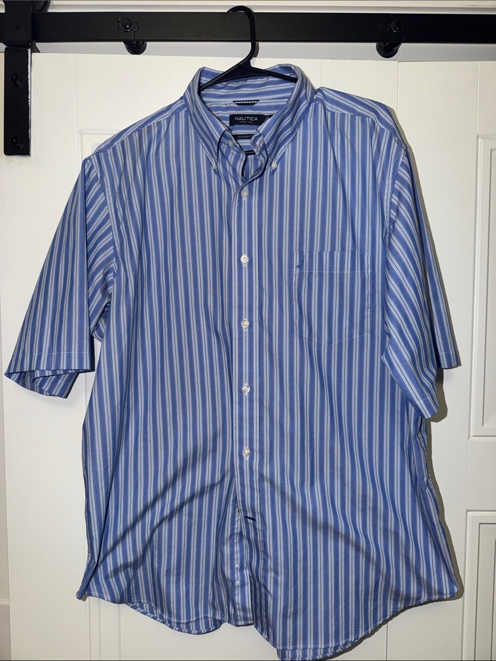 Nautica Blue and White Vertical Stripe Short Sleeve Button-Down Shirt